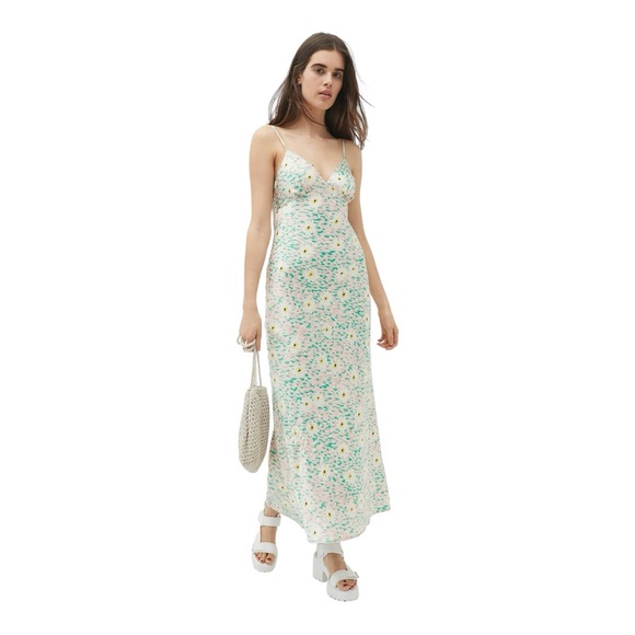 URBAN OUTFITTERS Picnic For Two Floral Midi Slip Dress Women’s SZ XS Green Pink - Picture 1 of 9